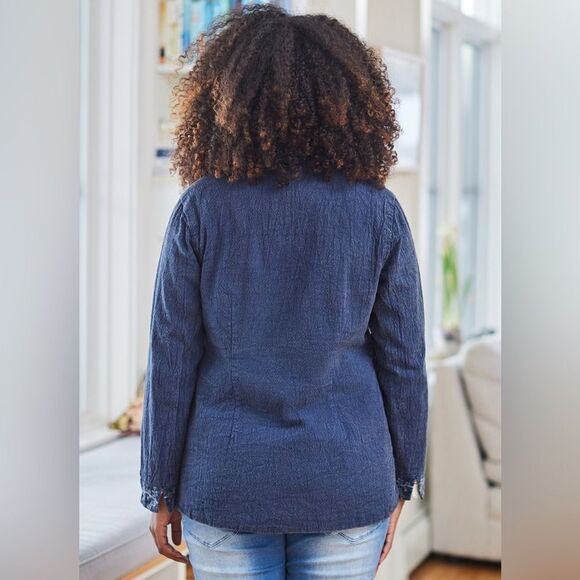 April Cornell Literary Jacket Sunwashed Navy Embroidered W Buttons Size Small - Picture 3 of 11